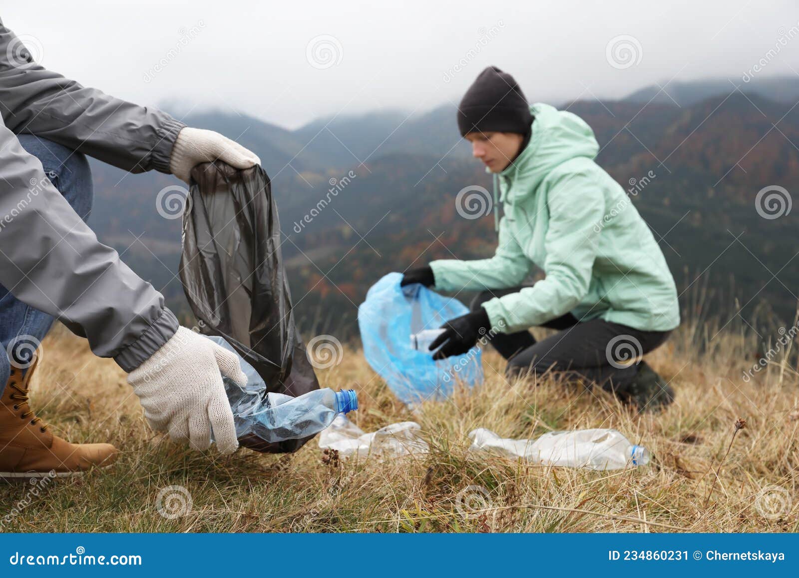 People with Trash Bags Collecting Garbage in Nature Stock Image Image