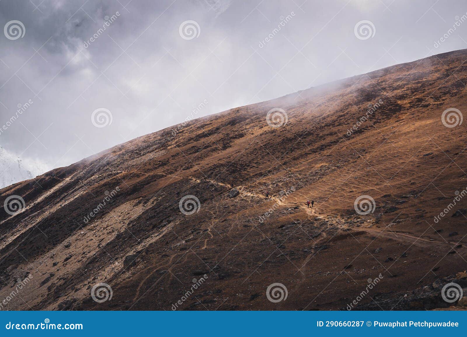 people are trekking to the ebc. the surrounded secenary. the surrounding scenery like the mars