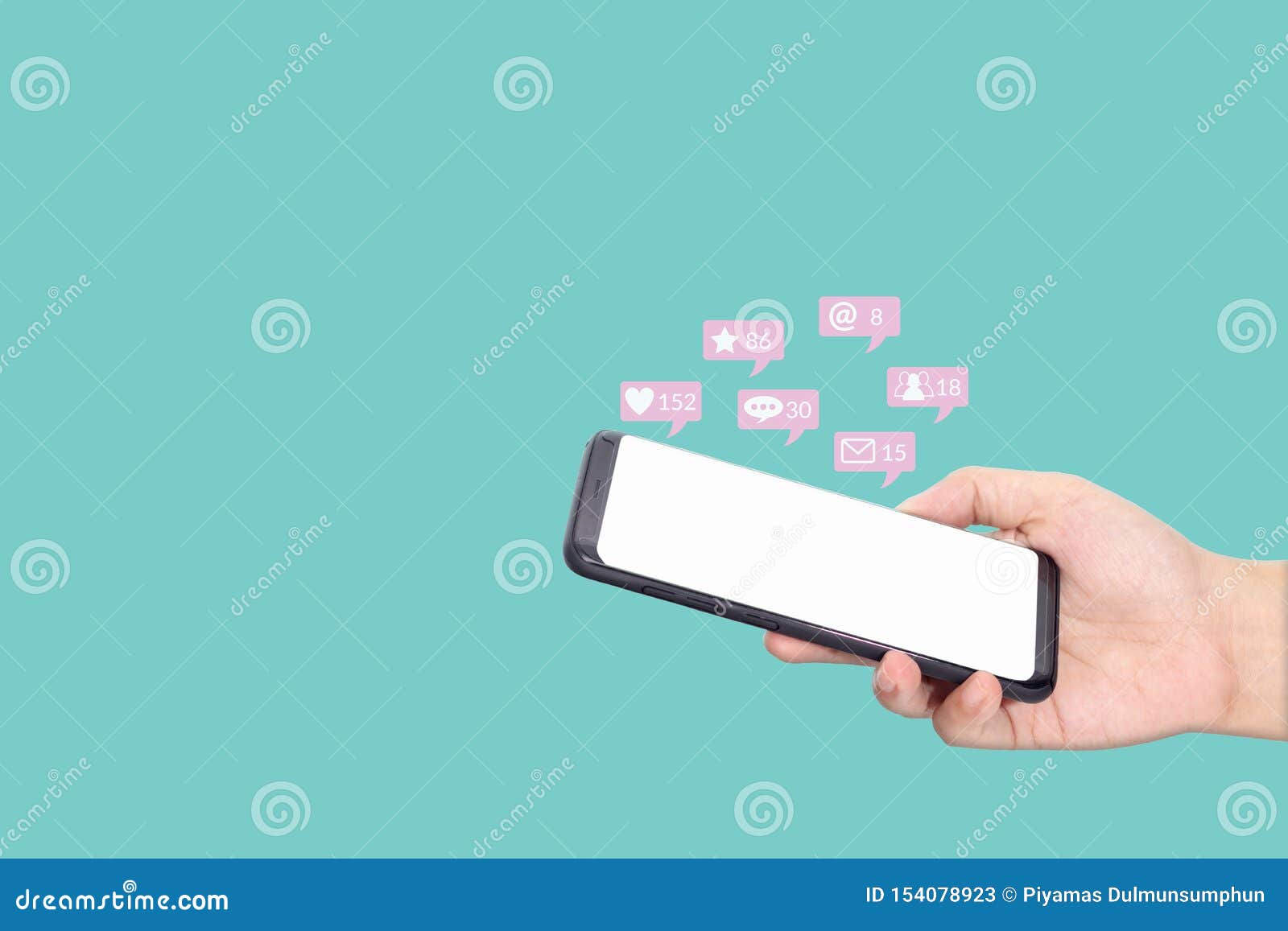 people using mobile smartphone with blank white screen for social media interactions with notification icons from friend in social