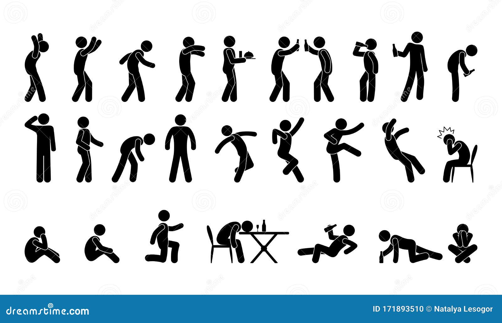 people in various poses, stick figure man icon,  silhouettes, drunk man