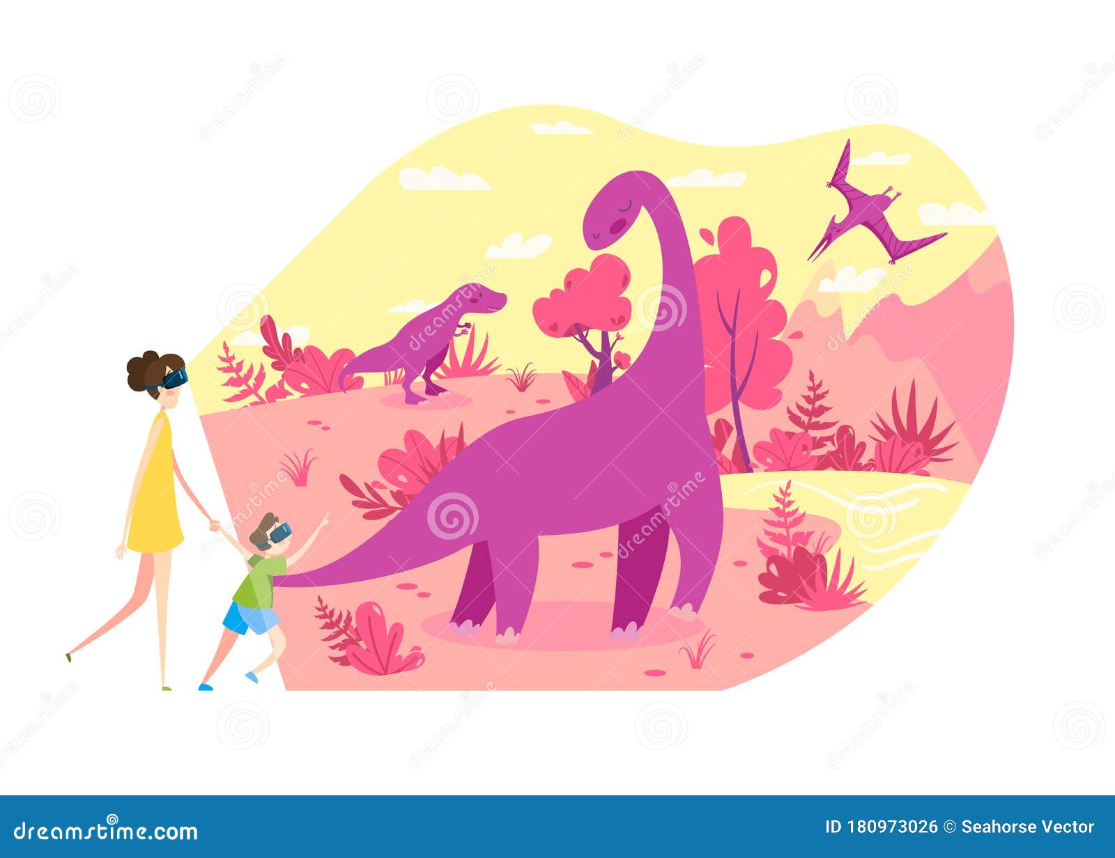 People in Virtual Reality VR Glasses Travel in Time To See Living  Dinosaurs, Vector Illustration Stock Vector - Illustration of people,  flying: 180973026