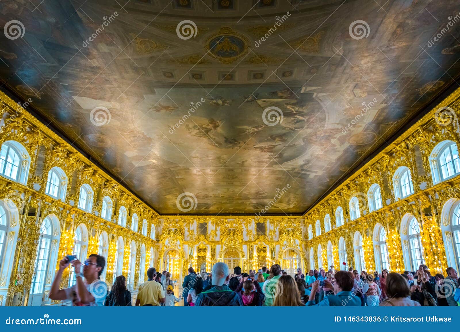 The Ceiling Painting At The Luxurious Hall Of Mirrors Interior Of