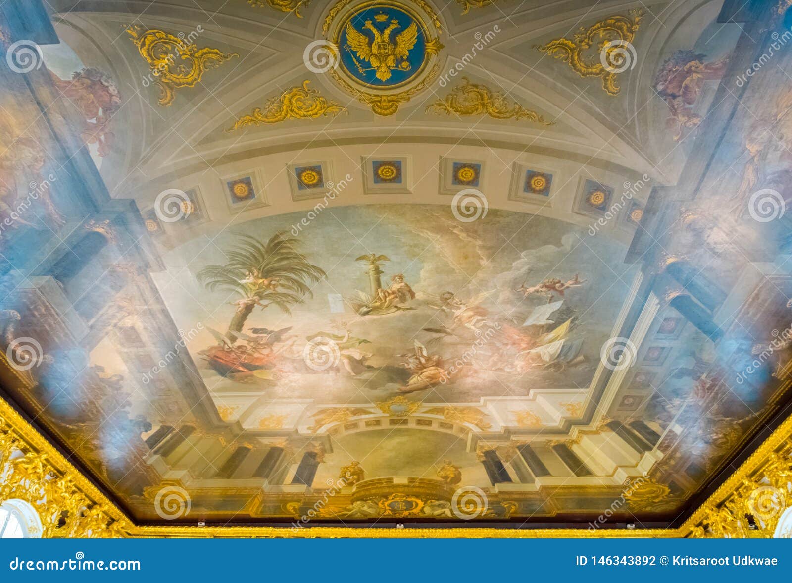 The Ceiling Painting At The Luxurious Hall Of Mirrors Interior Of