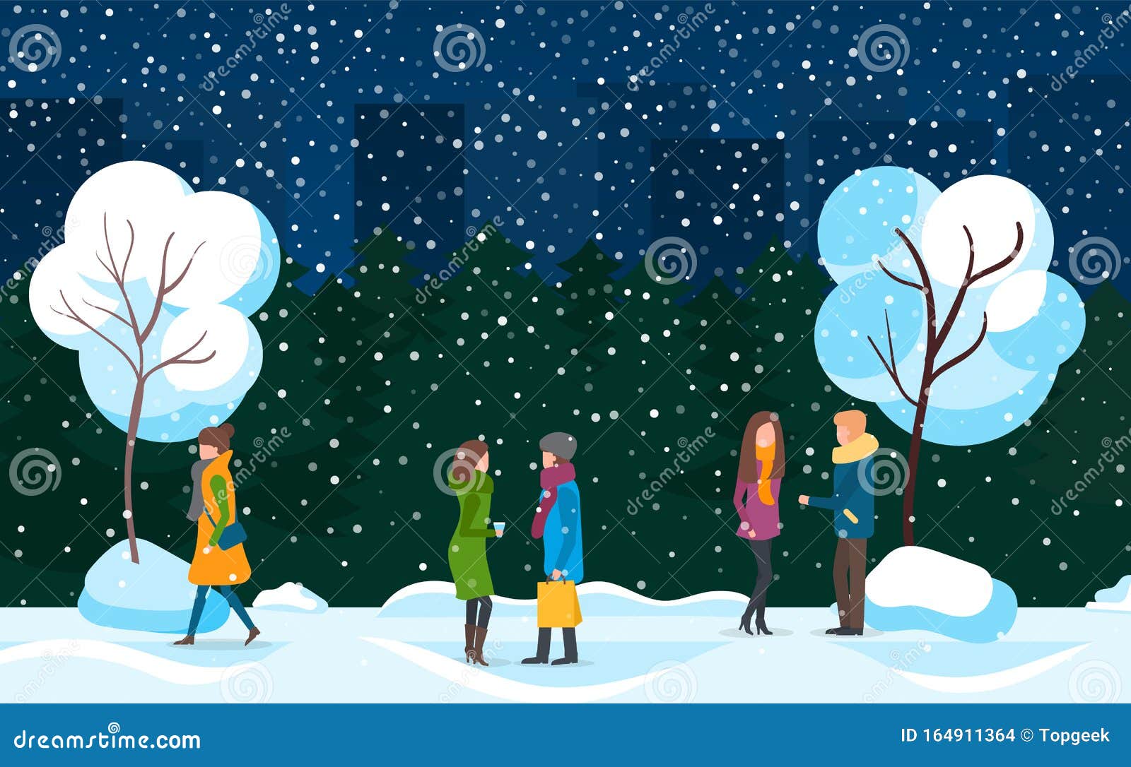 Download People Walking In City Park In Winter Blizzard Stock Vector - Illustration of girl, evening ...