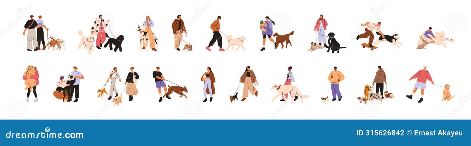 people walking with dogs. pet owners leading puppies outdoors set. characters strolling with companion animals, doggies