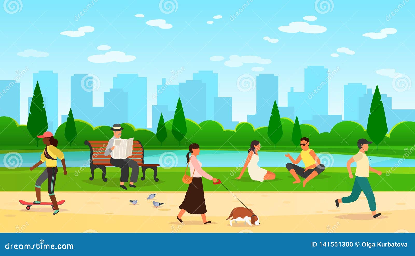 people walking park. women men activity outdoors sport group running community fun walk nature cartoon lifestyle 