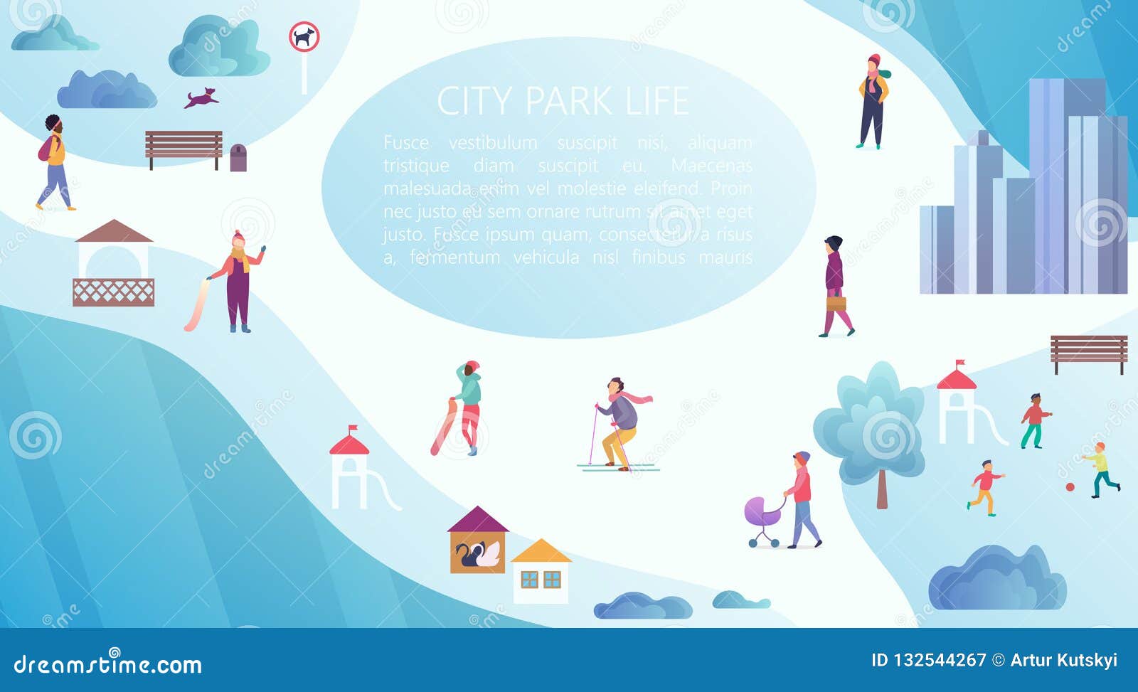 Download People Walking, Resting And Playing In The Winter Park. Cartoon Top View Map Vector Illustration ...