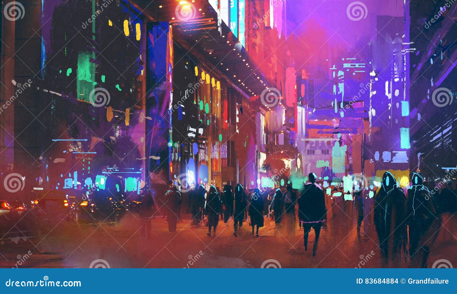 people walking in the sci-fi city at night with colorful light