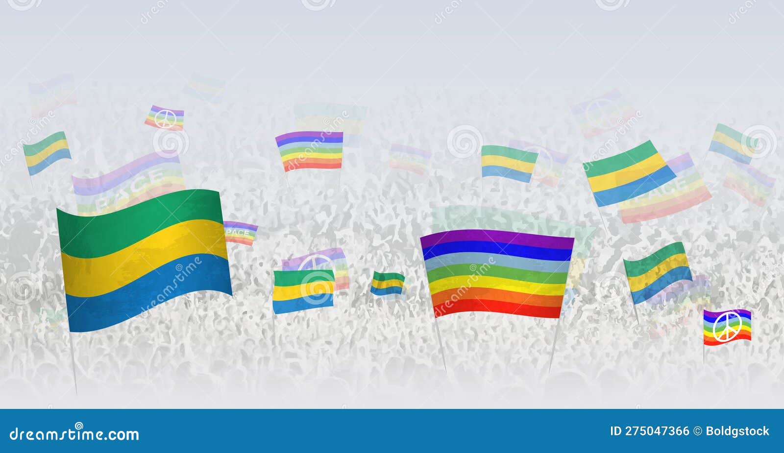 people waving peace flags and flags of gabon.  of throng celebrating or protesting with flag of gabon and the peace