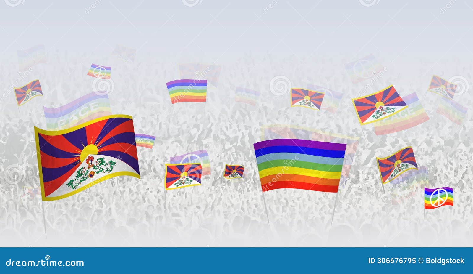 people waving peace flags and flags of tibet.  of throng celebrating or protesting with flag of tibet and the peace