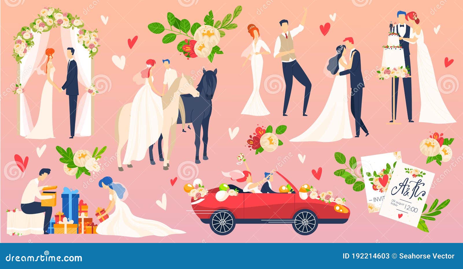 People Wedding, Marriage Vector Illustration Flat Set, Cartoon Newlyweds  Character on Romantic Wedding Ceremony Scene Stock Vector - Illustration of  bride, female: 192214603