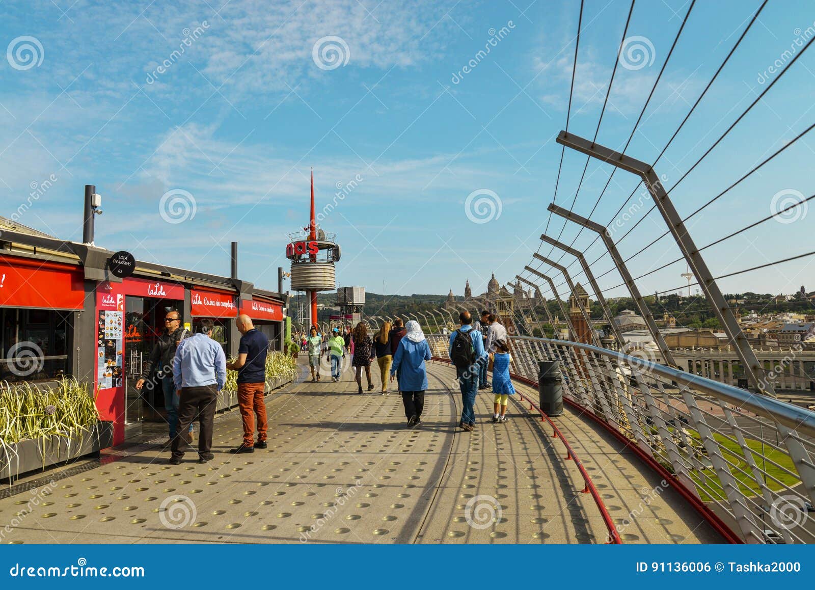 BARCELONA, SPAIN - April 15, 2017: Peoples walking on roof of Arenas de Barcelona in Barcelona, Spain. The old bullring, built in 1900, is since 2011, after an intense remodeling, a shopping and leisure center.