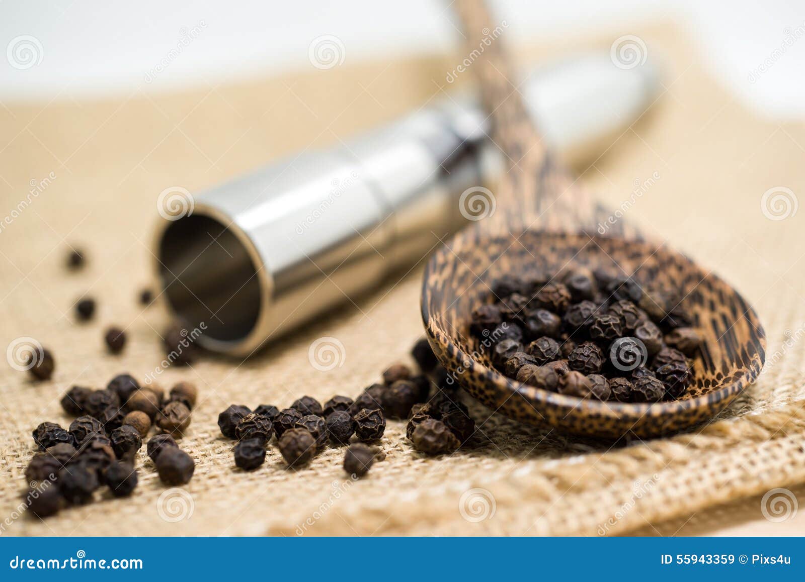 Pepper Grinder and Black Peppercorn Stock Image Image of spoon