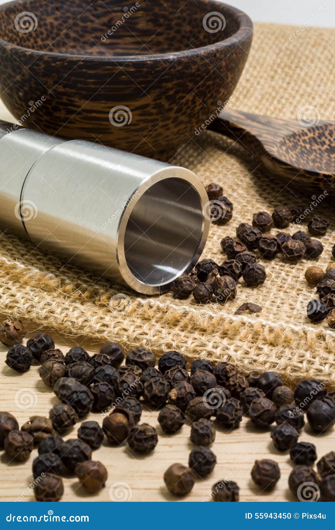 Pepper Grinder and Black Peppercorn Stock Photo Image of white