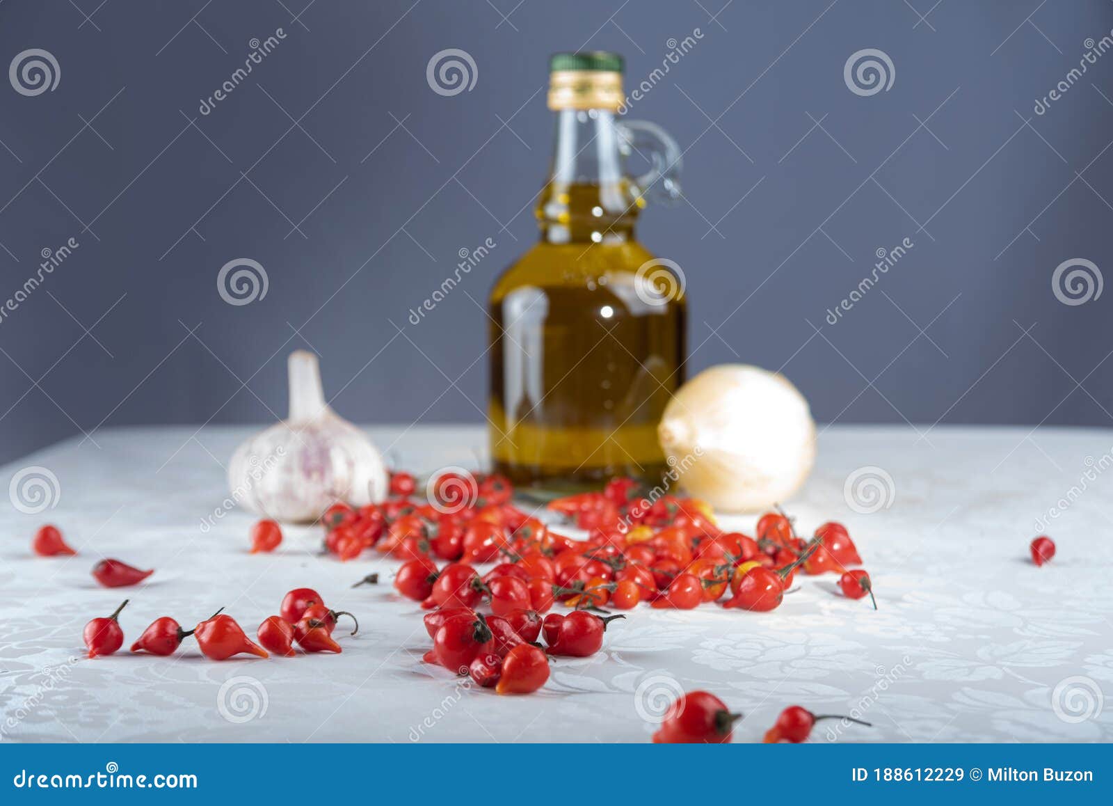 Pepper, Olive Oil, Garlic and Onion, Composition with Spices. Selective Focus Stock Image