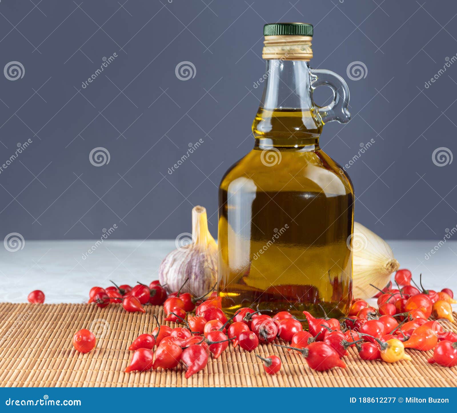 Pepper, Olive Oil, Garlic and Onion, Composition with Spices. Selective Focus Stock Image