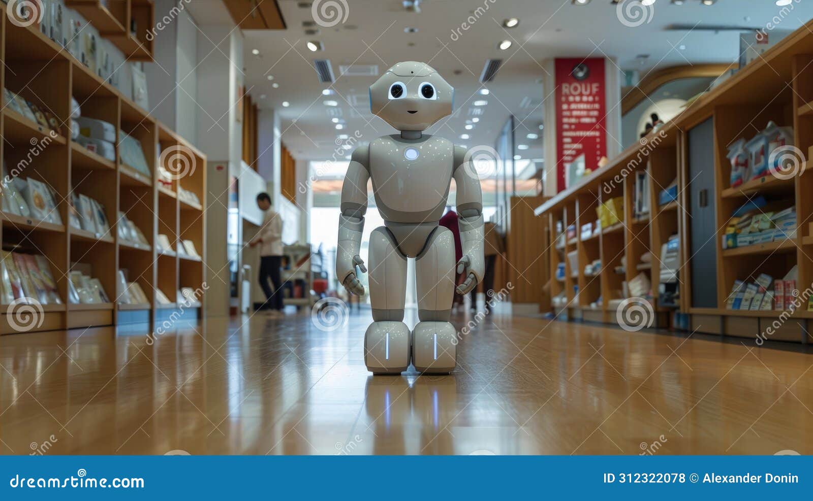 pepper the robot stands in the middle of a bookstore looking at the camera