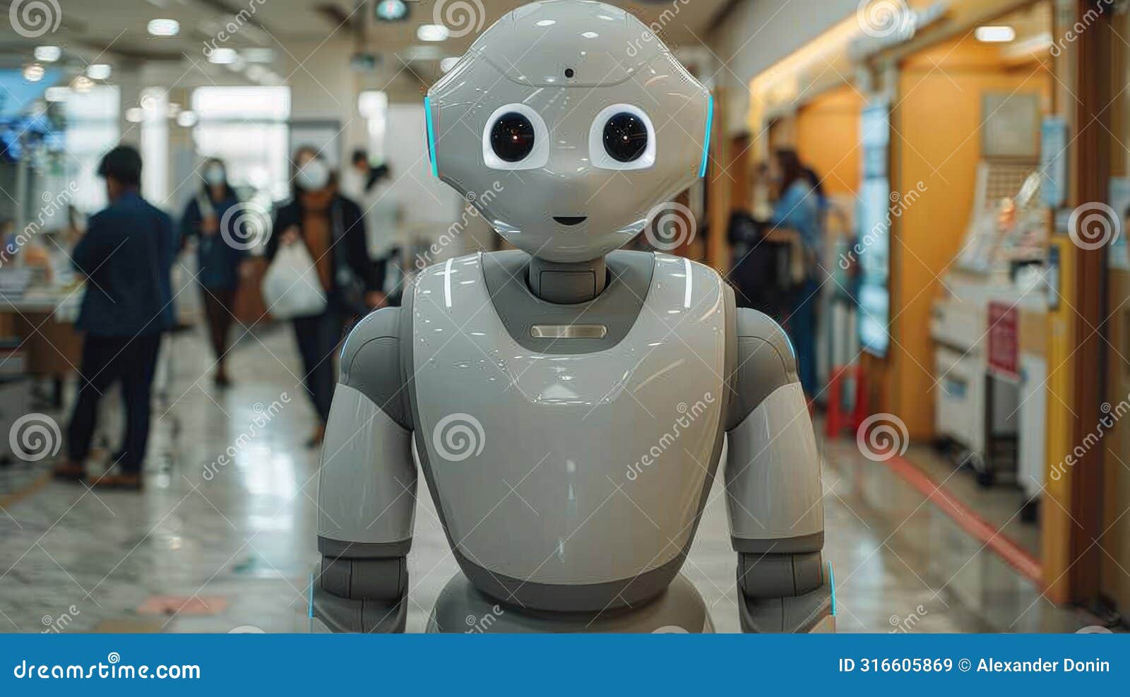 pepper the robot stands in the middle of a bookstore looking at the camera