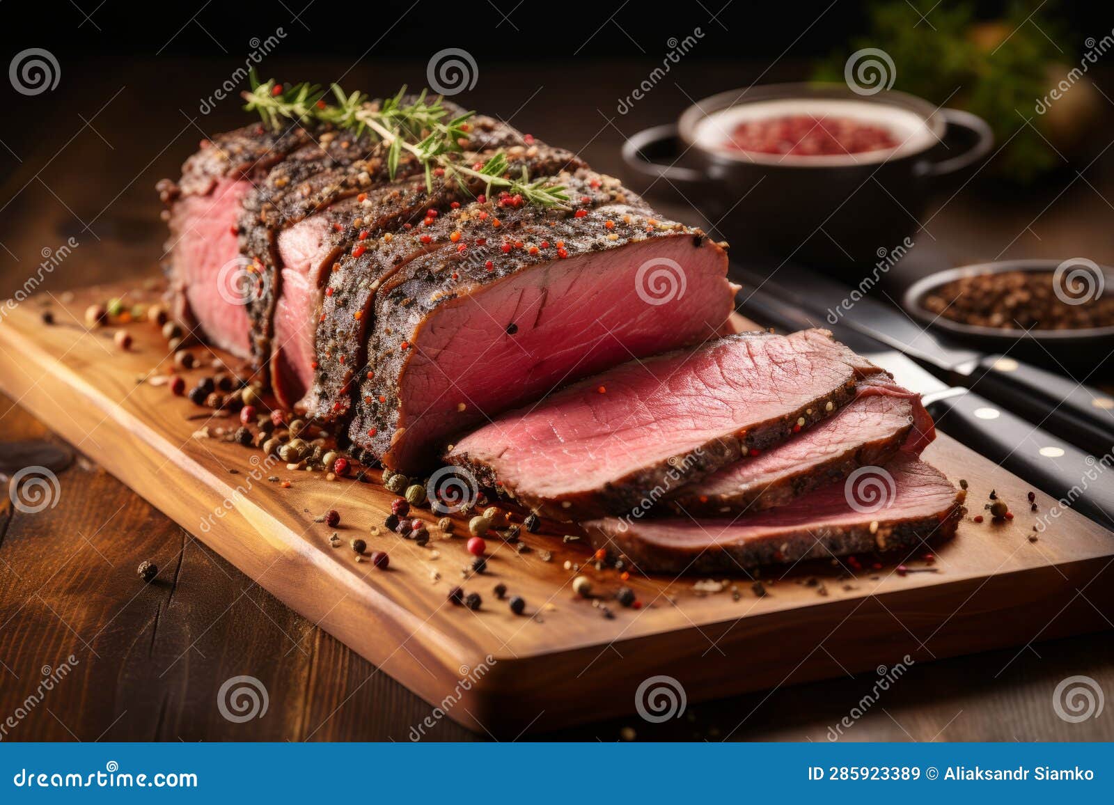 Peppered Roast Beef Pastrami Slices Folded Big Fork and Sprinkled with