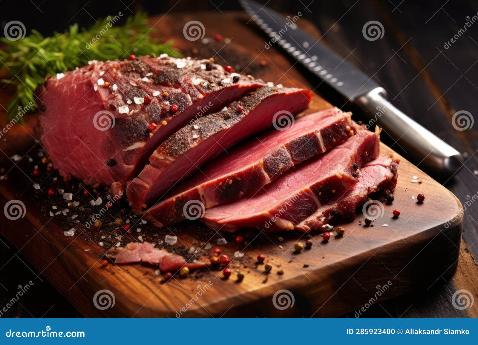 Peppered Roast Beef Pastrami Slices Folded Big Fork and Sprinkled with