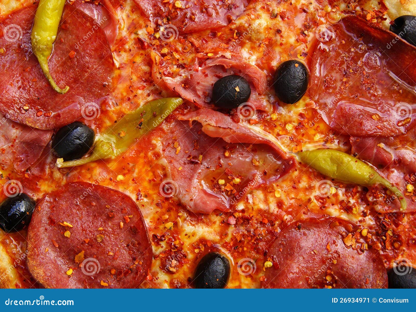 Pepperoni and Olive Pizza stock image. Image of bread 26934971