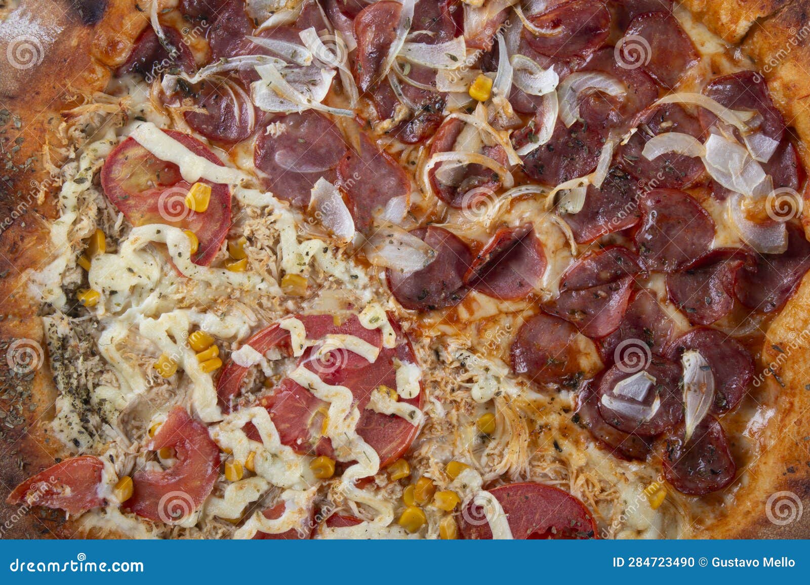 Pepperoni Pizza and Chicken with Catupiry. Top View Stock Photo Image