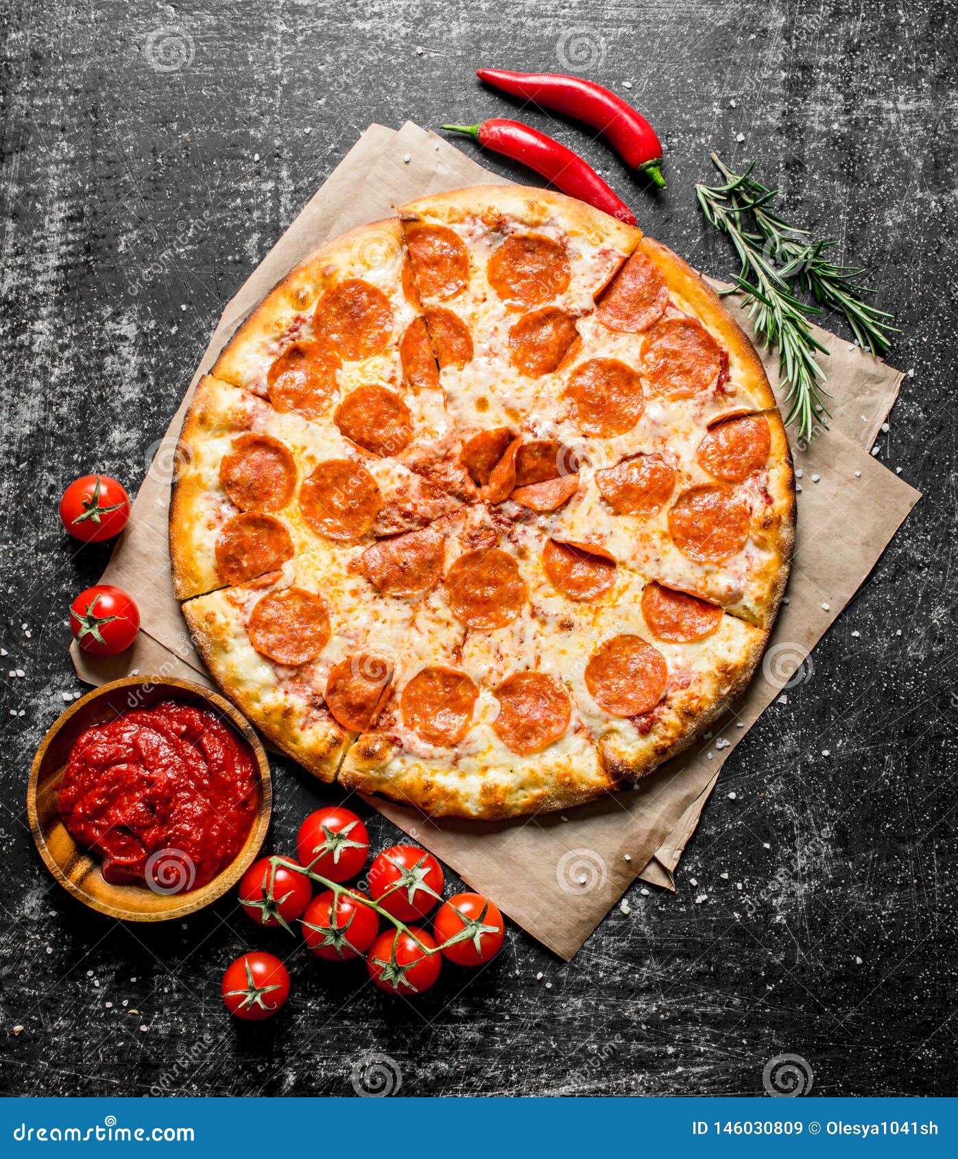 Pepperoni Pizza with Chili, Rosemary and Tomatoes Stock Image Image