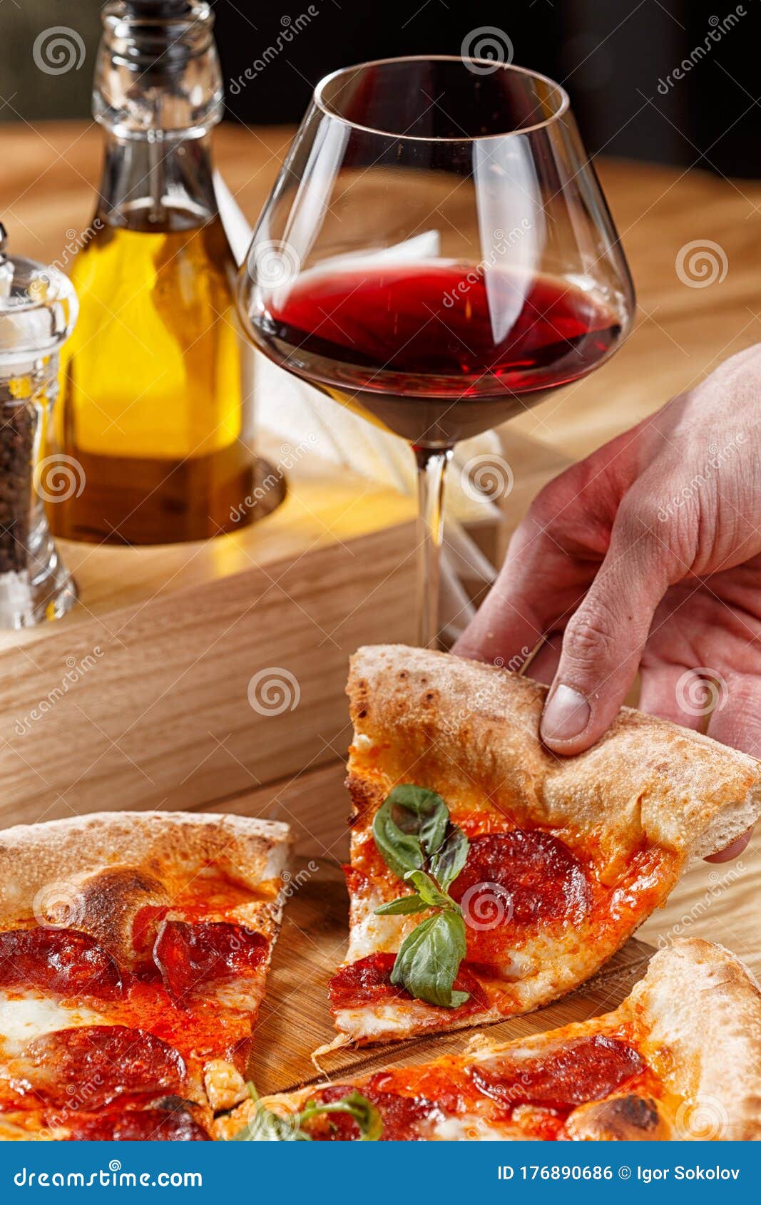 Pepperoni Pizza and a Glass of Wine Stock Photo Image of pepperoni