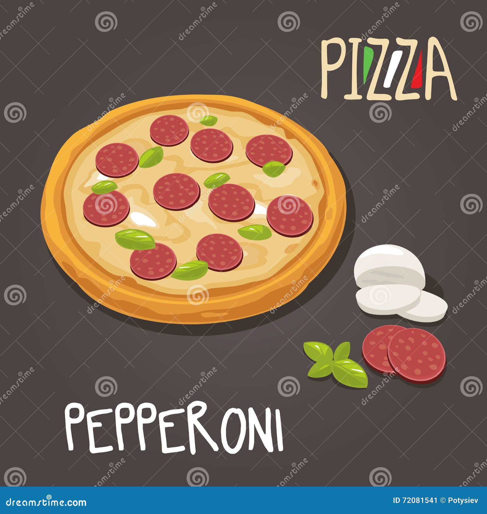 Pepperoni Pizza with Ingredients. Vector Flat Style Illustration. Stock Vector Illustration of