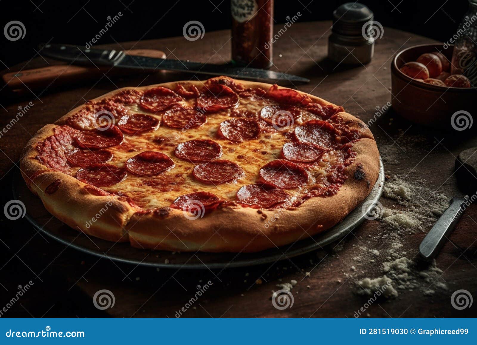 Pepperoni Pizza with Salami and Mozzarella Cheese in a Frying Pan on a(02)