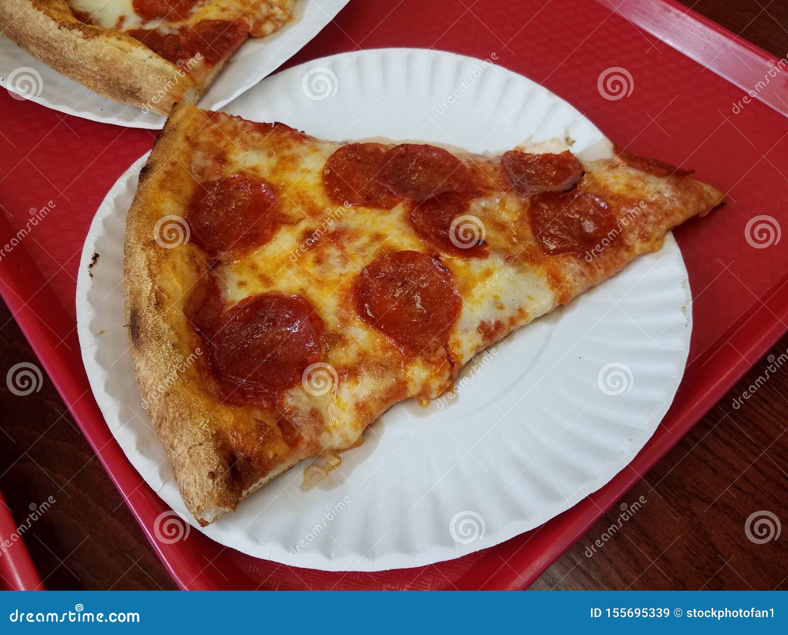 Pepperoni Pizza Slice on Paper Plate and Red Tray Stock Image Image
