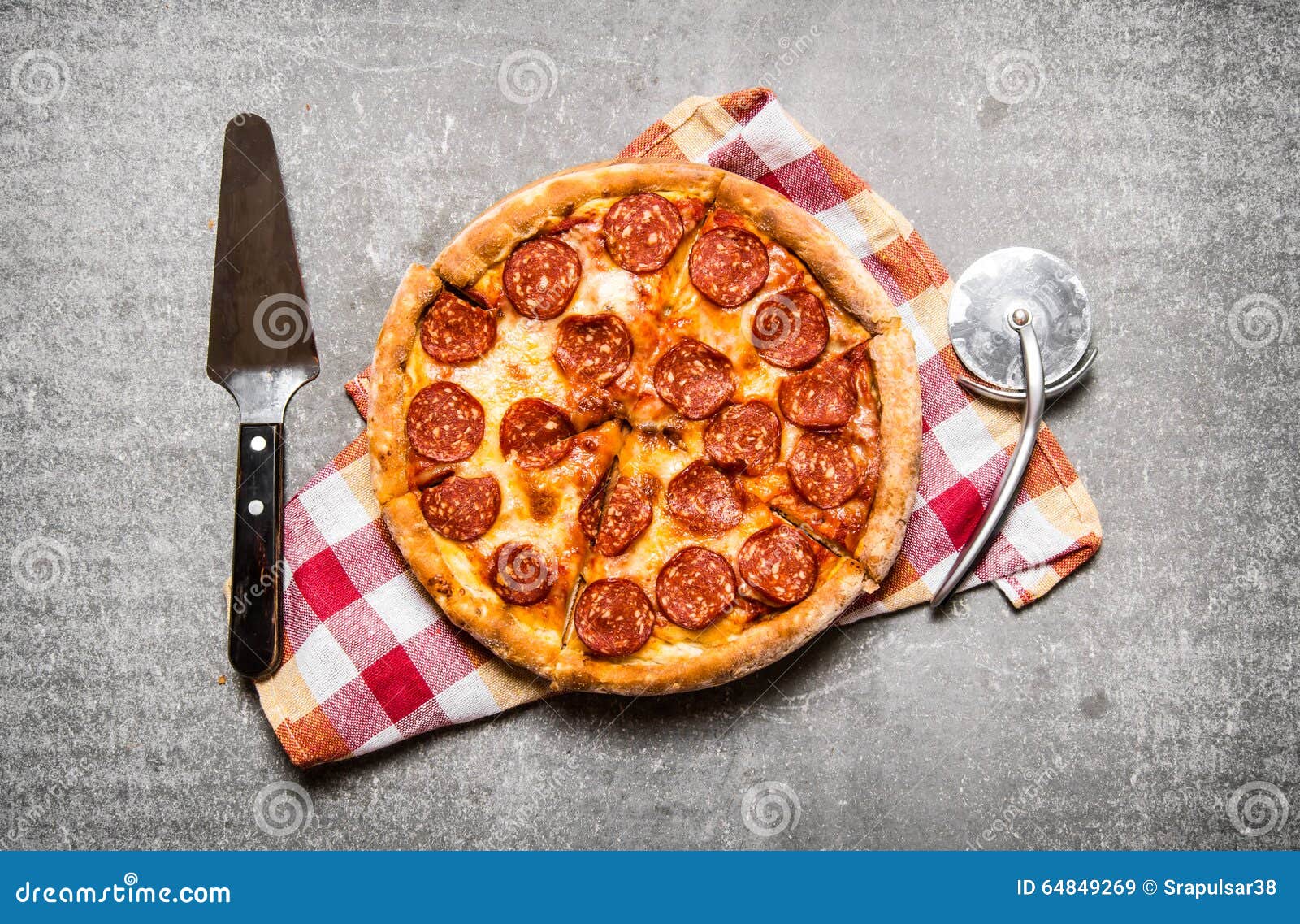 Pepperoni with Salami on the Fabric. Pepperoni Pizza Top View Stock