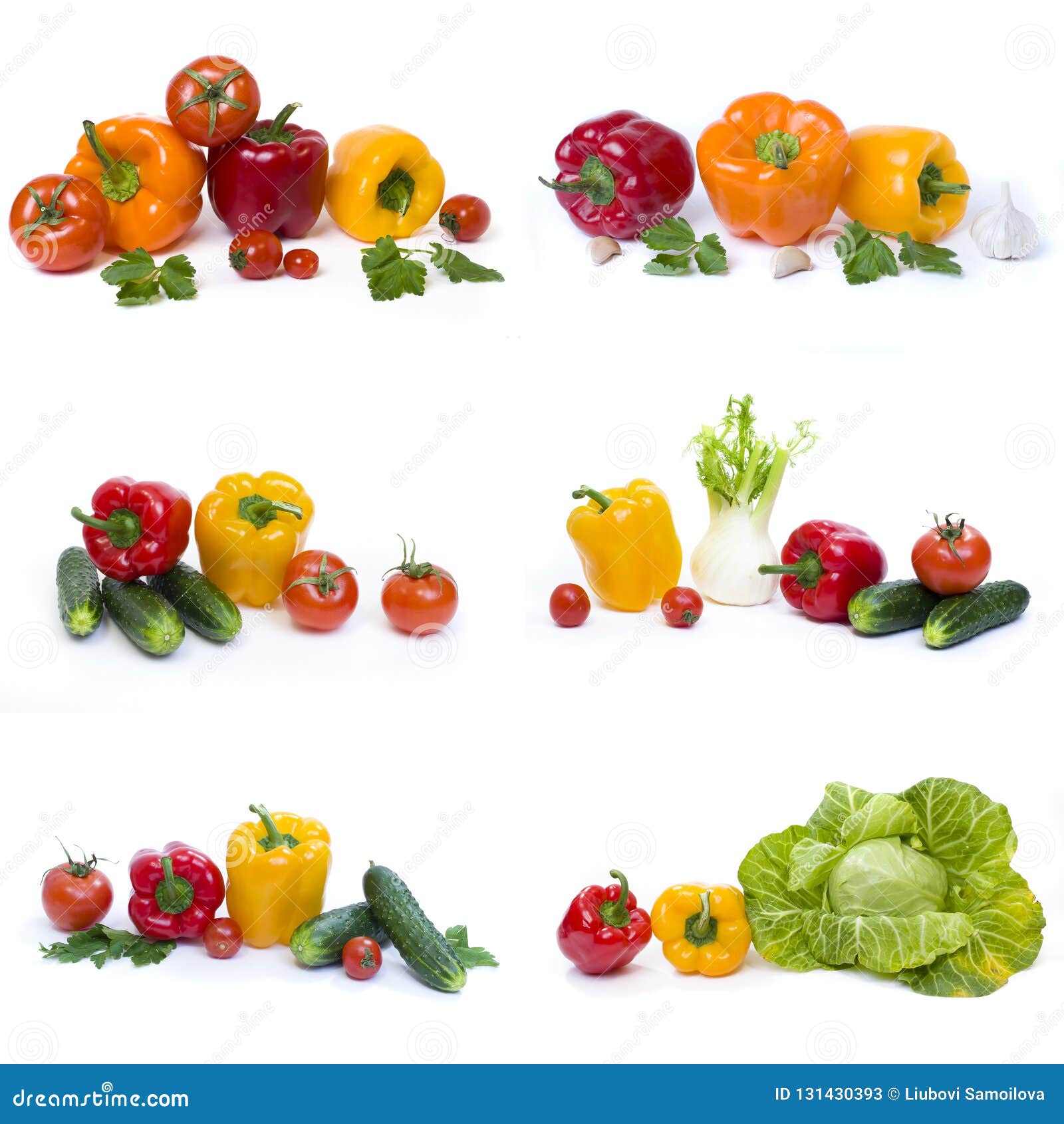 peppers with cucumbers and tomatoes on a white background. cabbage with cucumbers and mushrooms on a white background. fresh veget
