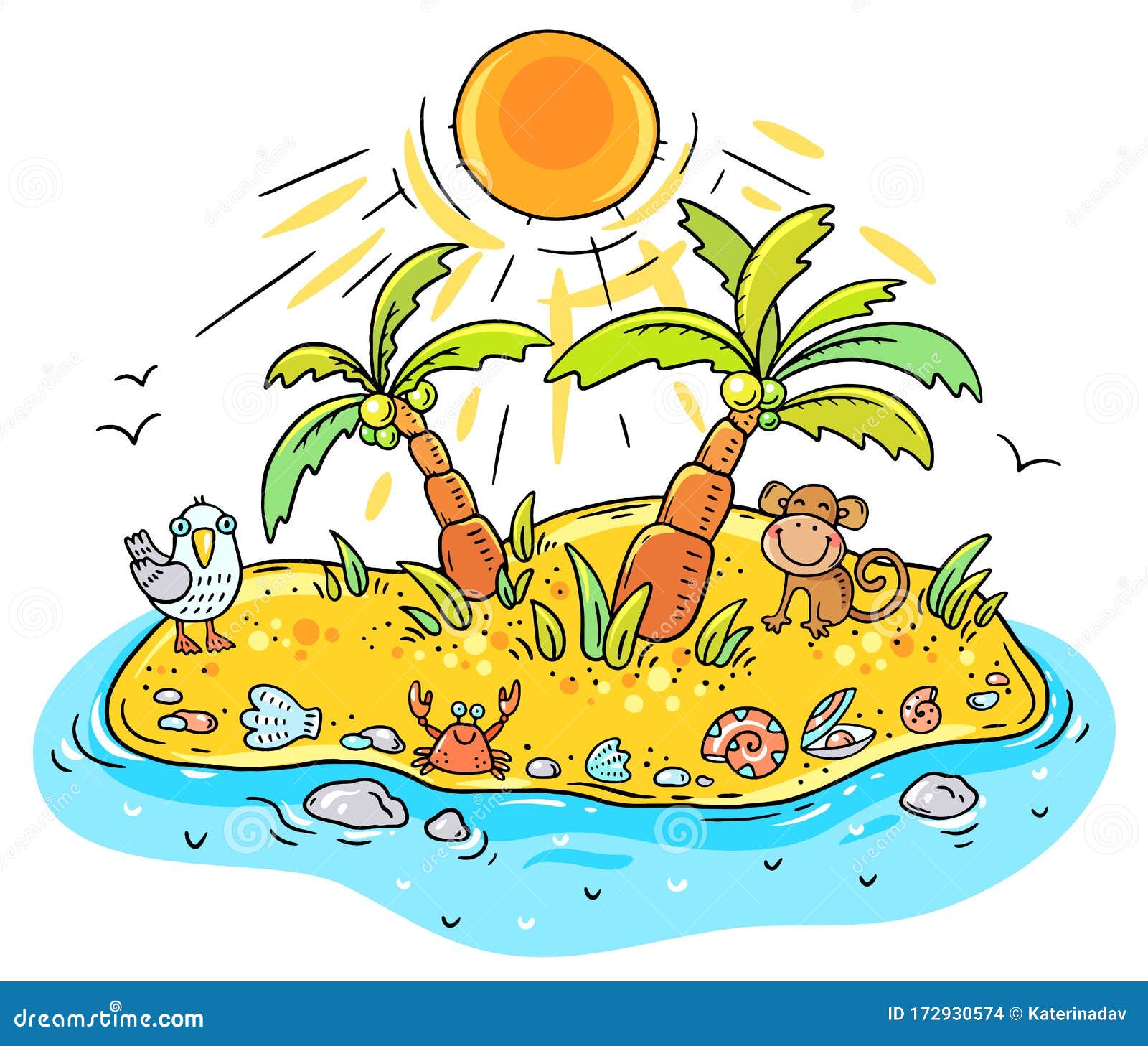 Pequeña Isla Tropical De Dibujos Animados Con Palmeras Y Animales  Ilustración del Vector - Ilustración de multicolor, isla: 172930574