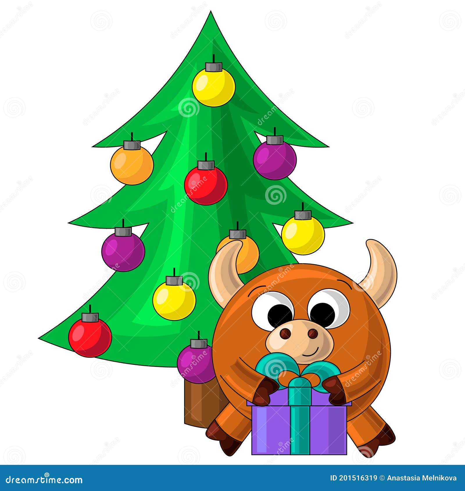 Pequeños árbol De Navidad Y Don Del Toro De La Historieta Linda Ilustración  del Vector - Ilustración de historieta, aislado: 201516319