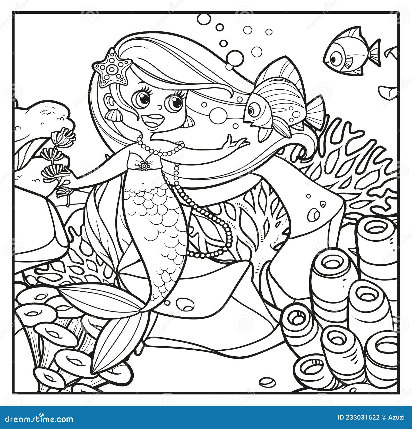 sereia sob o mar desenhada à mão para livro de colorir adulto