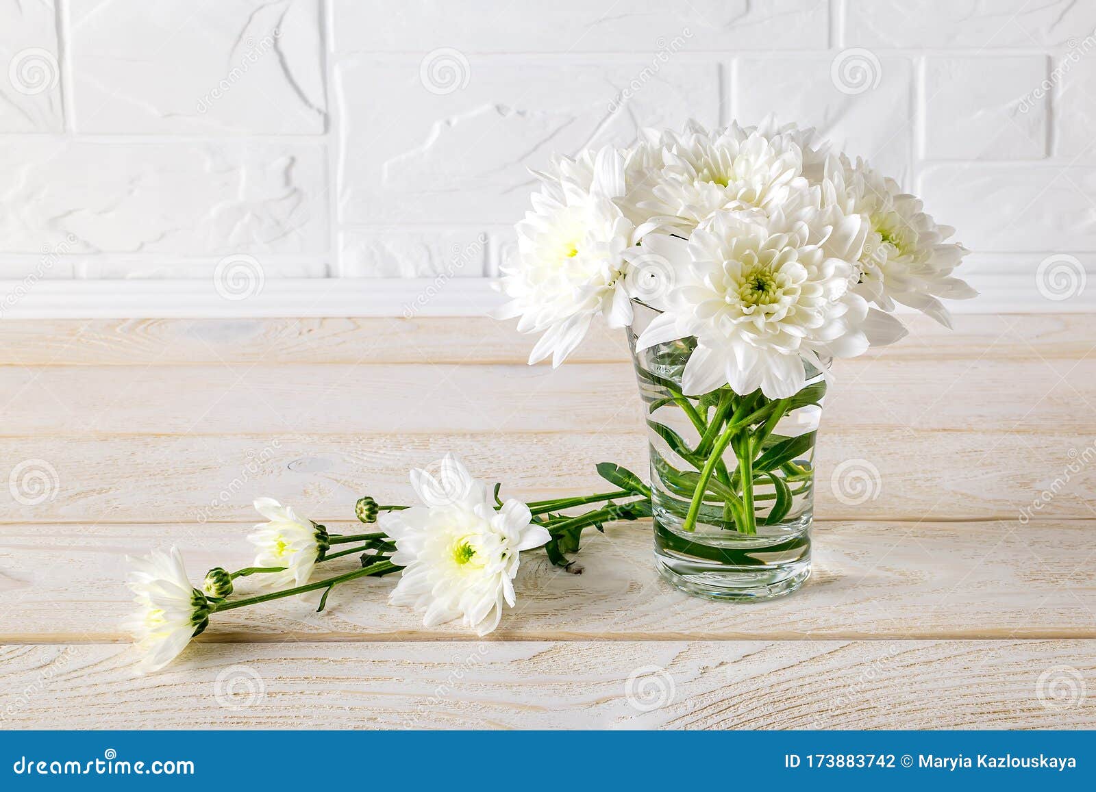 Pequeno Buquê Modesto De Crisântemo Branco Esmagado Em Um Vaso De Vidro  Sobre Uma Mesa Branca De Madeira. Dar Flores E Decoração F Foto de Stock -  Imagem de verde, folha: 173883742