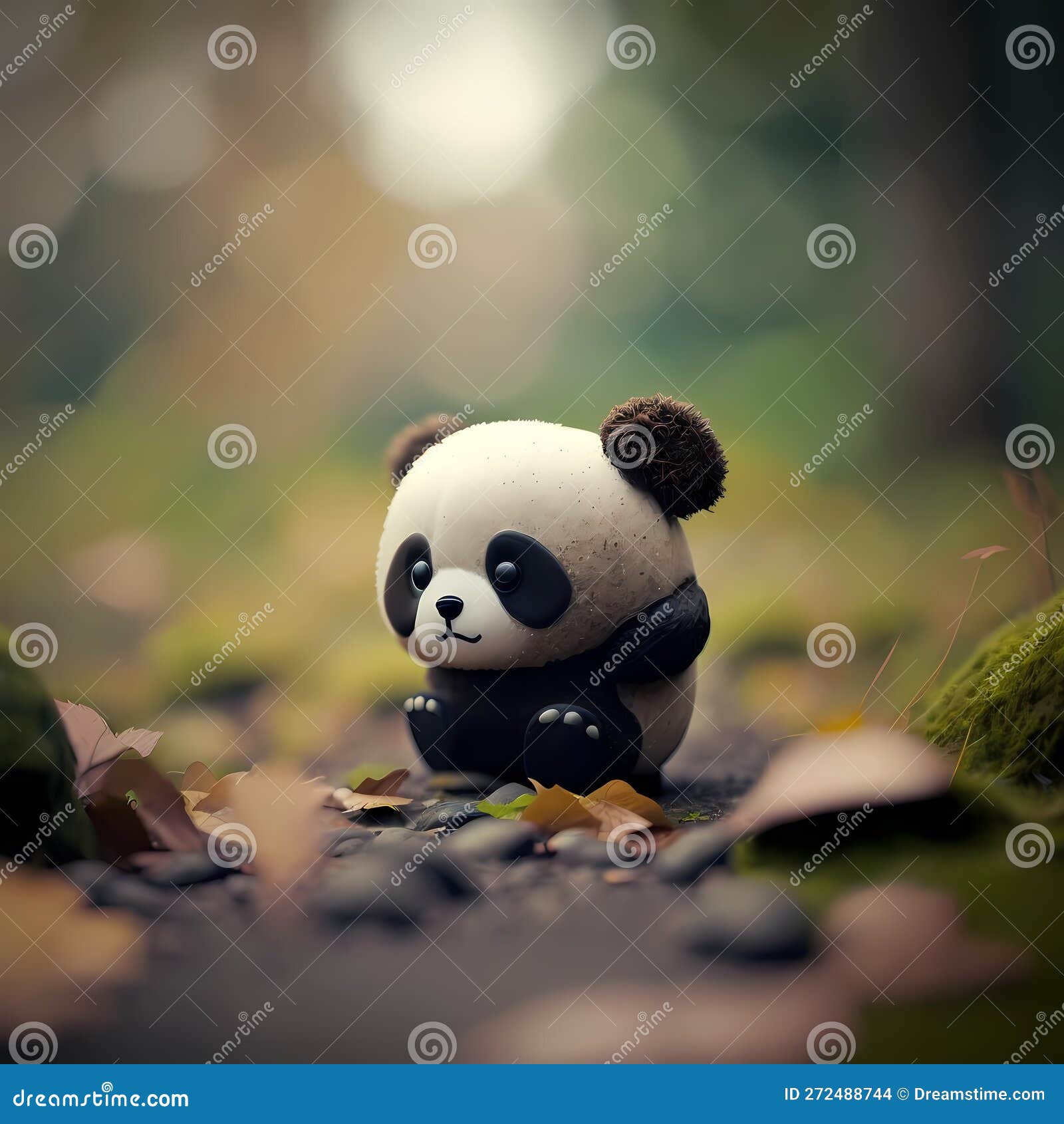 Desenhos animados do pequeno panda sentado na grama