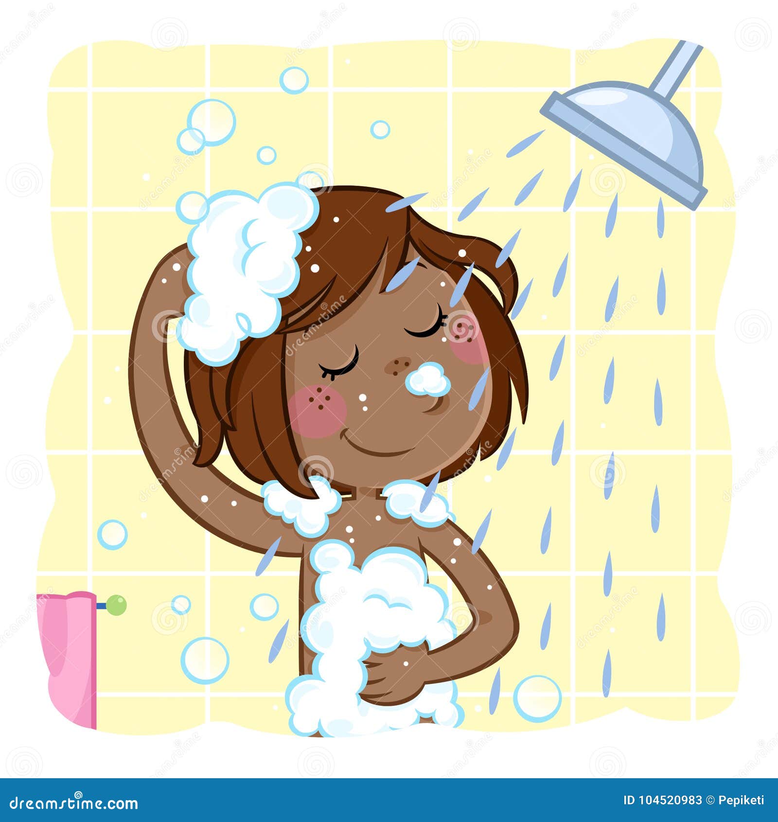 Pequeña muchacha negra adorable shampooing su pelo del marrón oscuro. Ejemplo rutinario diario - higiene - derramamiento - fichero del jpg - del dpi 300