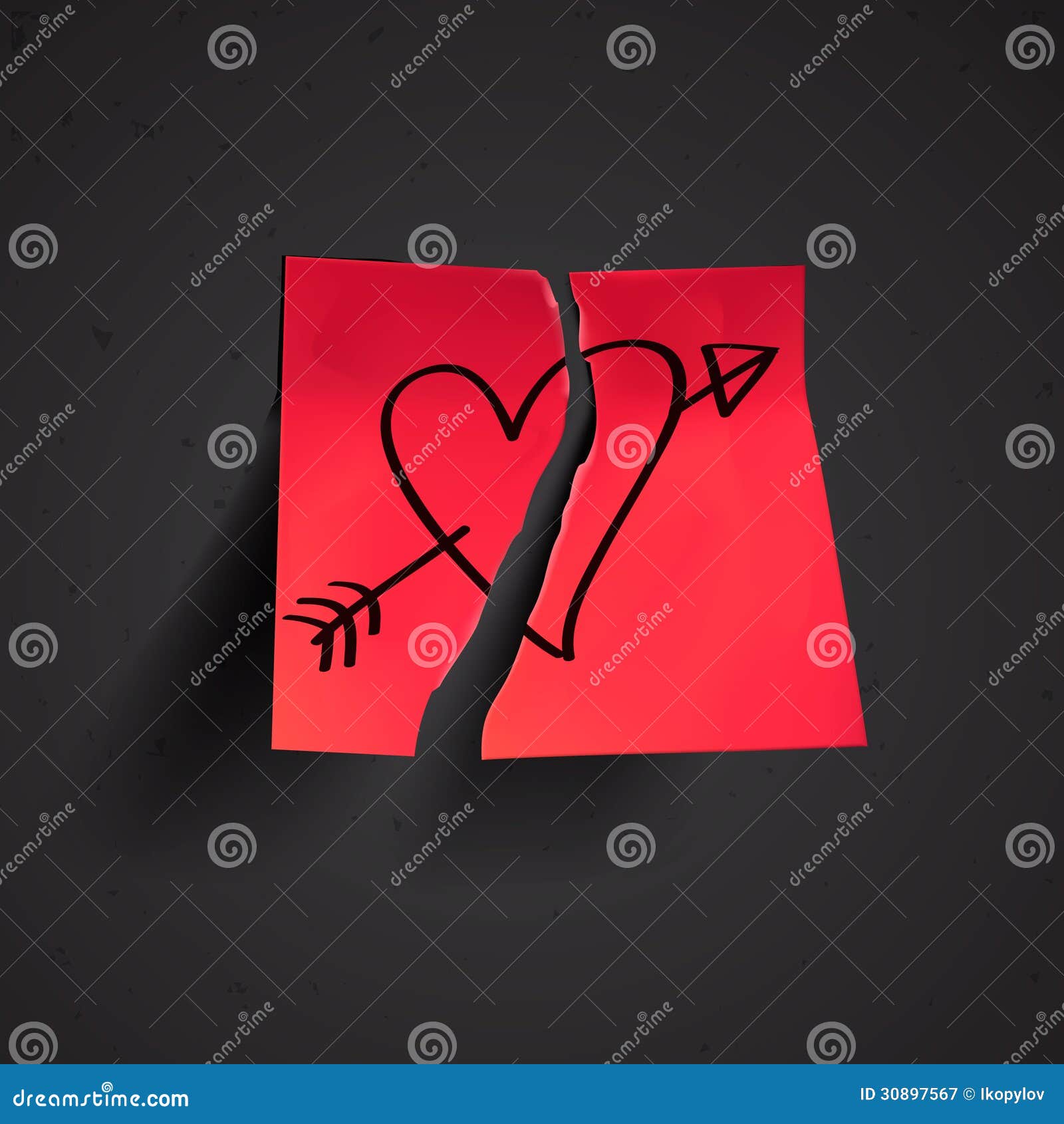 Pequeña nota pegajosa roja con el corazón, ejemplo del vector Eps10.