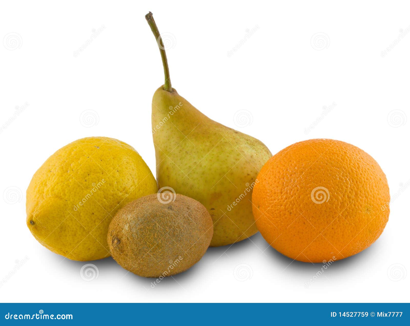 Pera, limón, naranja, kiwi. Pera, limón, naranja, fruta de kiwi en el fondo blanco