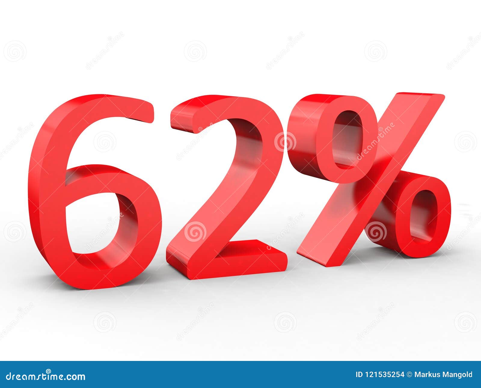 62 Percent Discount. Red 3d Numbers on Isolated White Background Stock