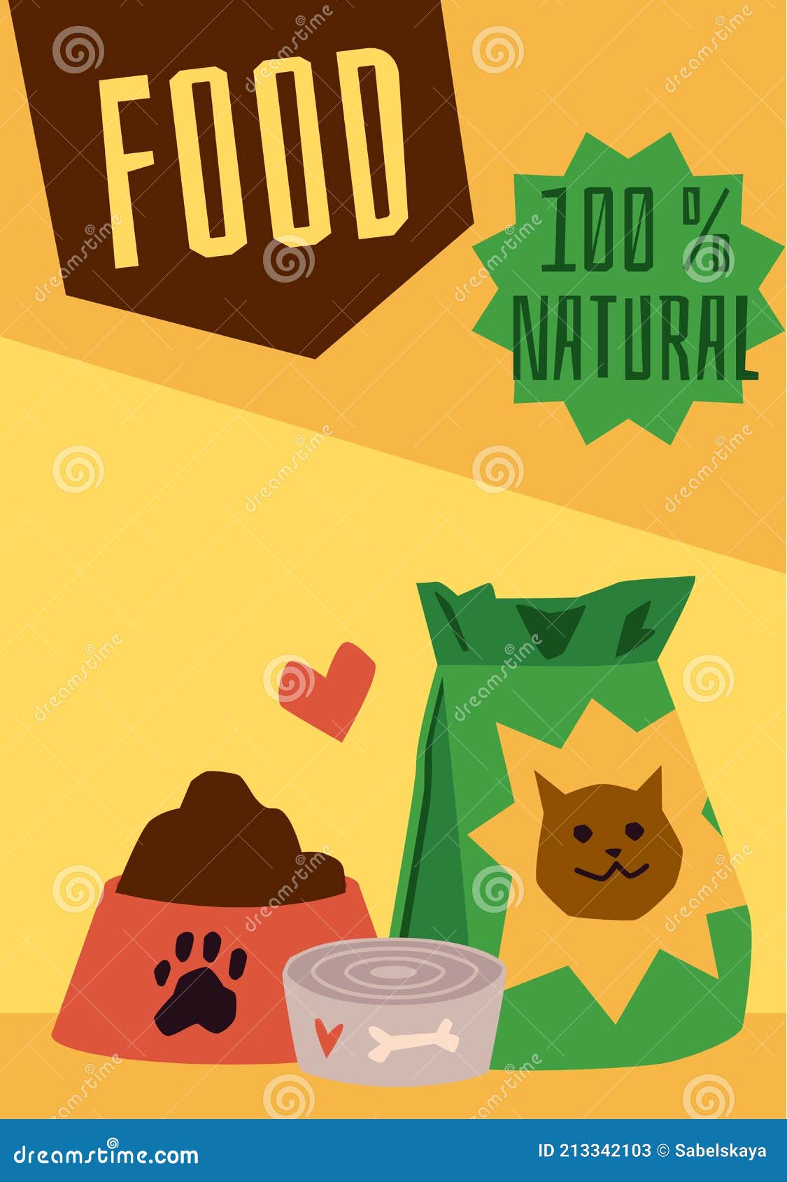 100 Percent Natural Pet Food Poster Template with Dog Bowl and Cat Feed Bag  Stock Vector - Illustration of packaging, feed: 213342103