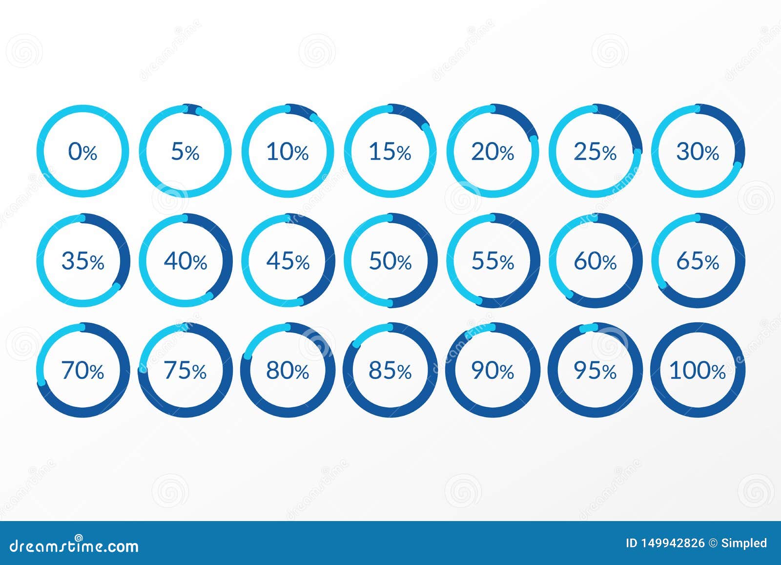 Percentage Vector Infographics. 10 20 30 40 50 60 70 80 90 100 Percent