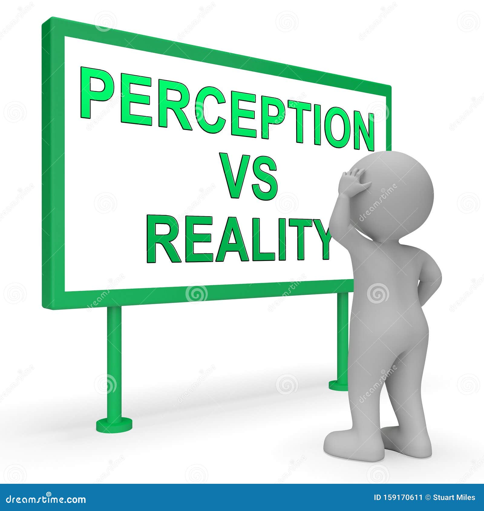 perception vs reality sign compares thought or imagination with realism - 3d 