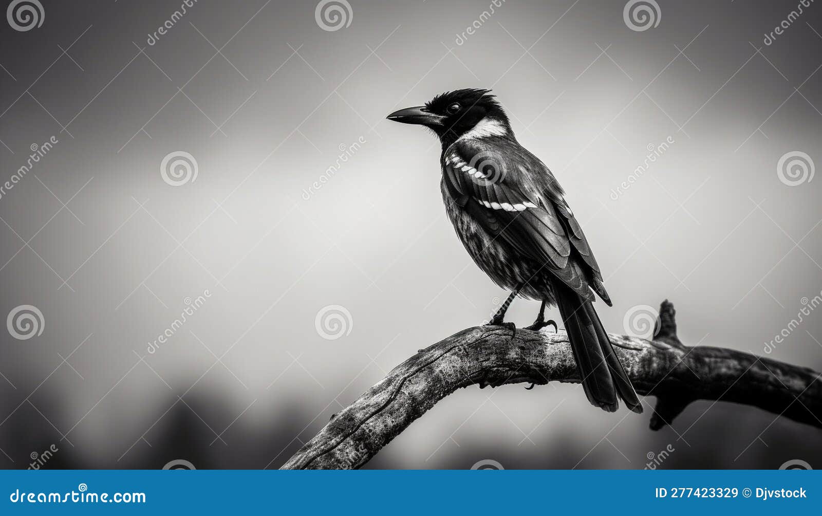 Perching Songbird on Branch, Black and White Generated by AI Stock