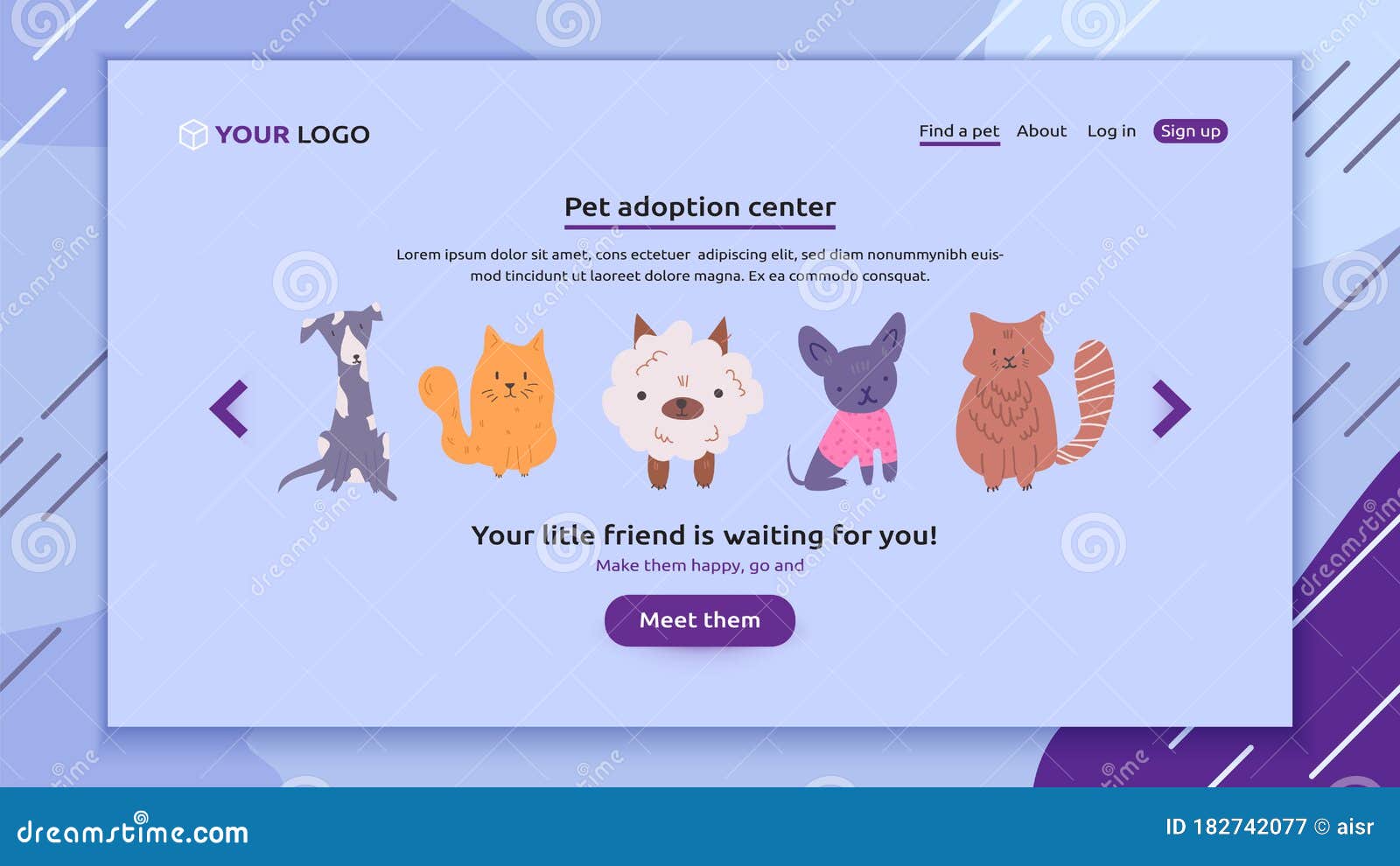 perfect banner for your website of pet adoption, animal store or vet clinic. group of cute dogs and cats are waiting