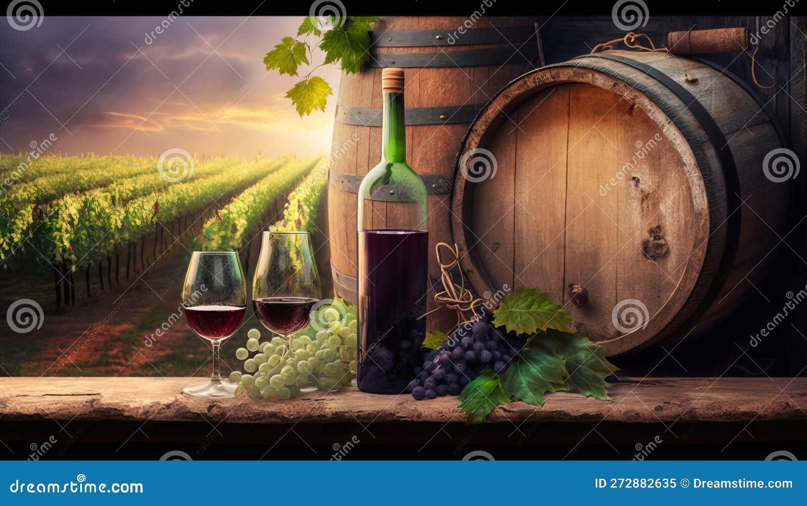 The Perfect Blend - Bottles and Wineglasses with Grapes and Barrel in a ...