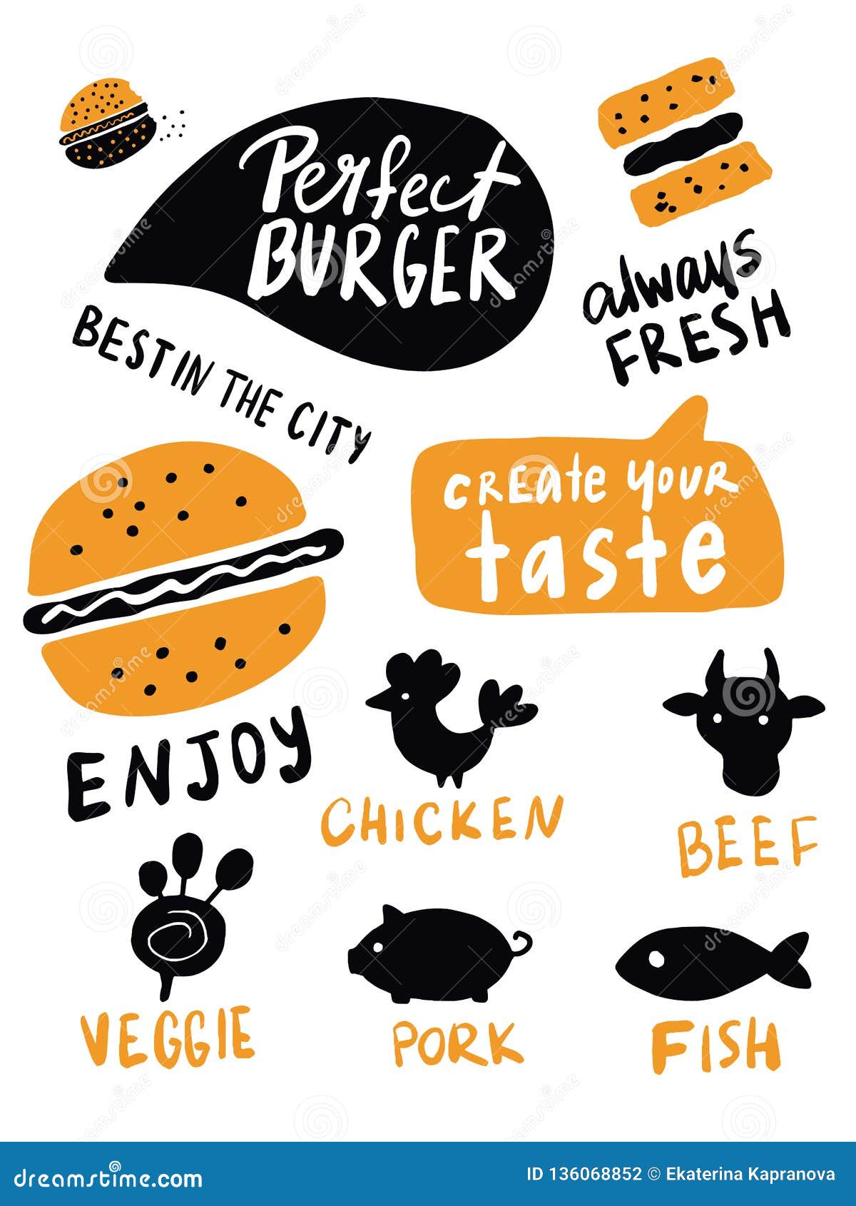 Perfect Burger. Create Yout Taste. Funny Hand Drawn Flyer Design for Fast  Food Advertising. Typographic Poster, Vector Stock Illustration -  Illustration of drawing, meat: 136068852