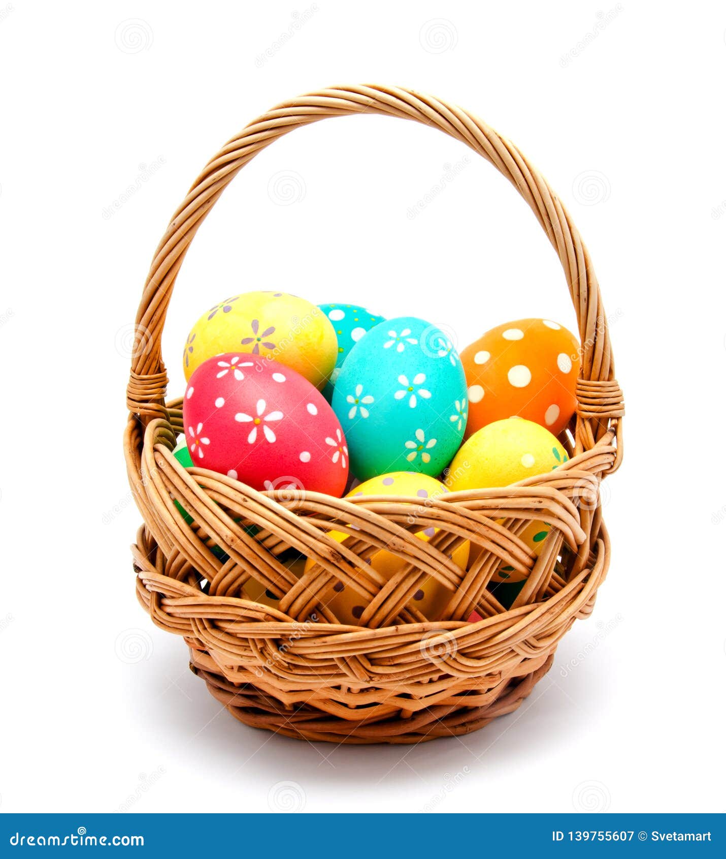 Perfect Colorful Handmade Easter Eggs in the Basket Isolated Stock